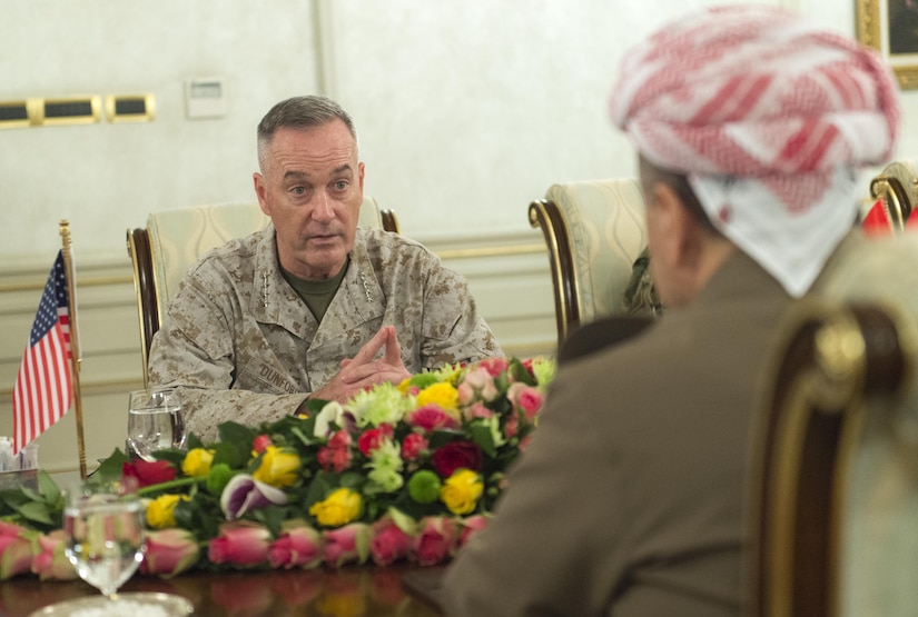Marine Corps Gen. Joe Dunford, chairman of the Joint Chiefs of Staff, speaks with Massoud Barzani, president of of Iraq’s Kurdistan region, in Iraq, April 22, 2016. DoD photo by Navy Petty Officer 2nd Class Dominique A. Pineiro