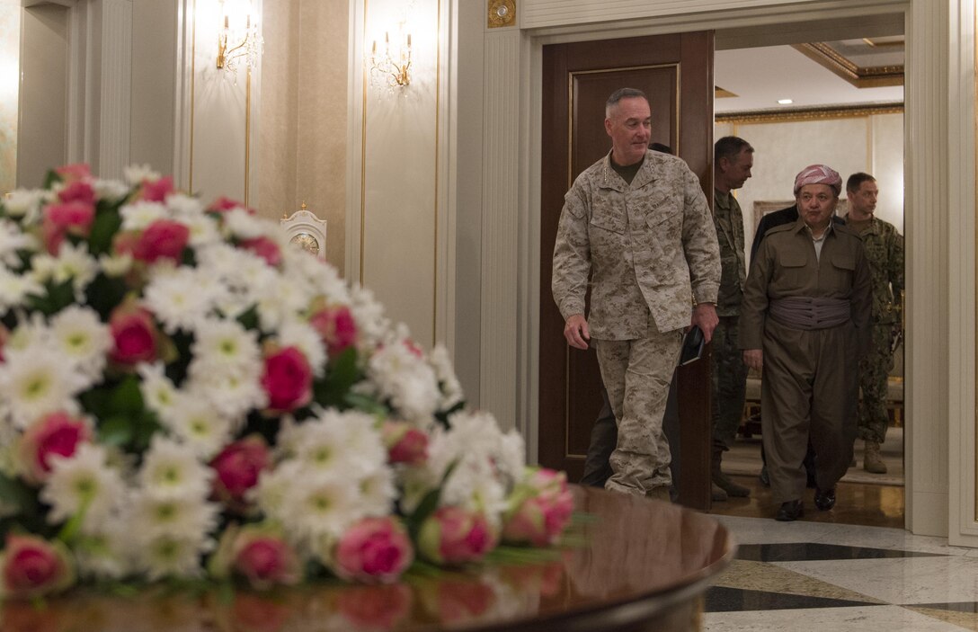 Marine Corps Gen. Joe Dunford Jr., chairman of the Joint Chiefs of Staff, leaves after a meeting with Massoud Barzani, president of Iraq’s Kurdistan region, in Iraq, April 22, 2016. DoD photo by Navy Petty Officer 2nd Class Dominique A. Pineiro