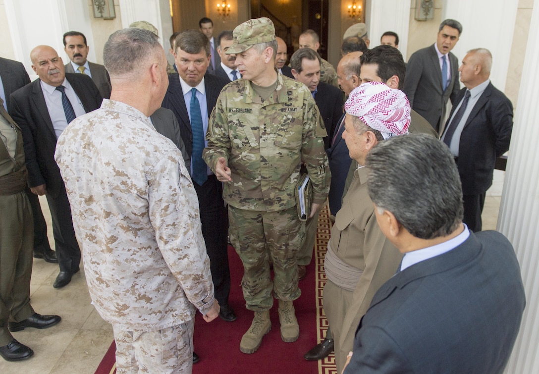 Marine Corps Gen. Joe Dunford, chairman of the Joint Chiefs of Staff, talks with Army Lt. Gen. Sean MacFarland, commander of Combined Joint Task Force Operation Inherent Resolve, and Massoud Barzani, president of Iraq’s Kurdistan region, in Iraq, April 22, 2016. Dunford is visiting Iraq to assess the campaign against the Islamic State of Iraq and the Levant. DoD photo by Navy Petty Officer 2nd Class Dominique A. Pineiro