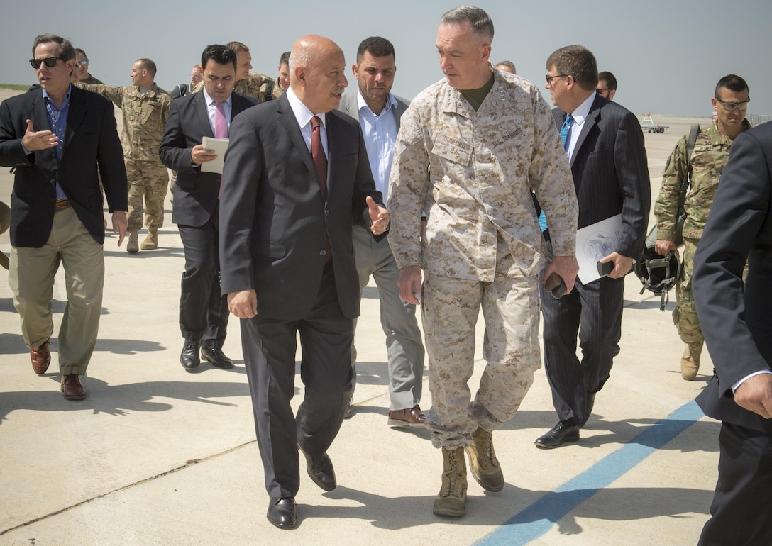 Marine Corps Gen. Joe Dunford, chairman of the Joint Chiefs of Staff, talks with a member of the government of Iraq's Kurdistan region in Iraq, April 22, 2016. Dunford is visiting Iraq to assess the campaign against the Islamic State of Iraq and the Levant. DoD photo by Navy Petty Officer 2nd Class Dominique A. Pineiro