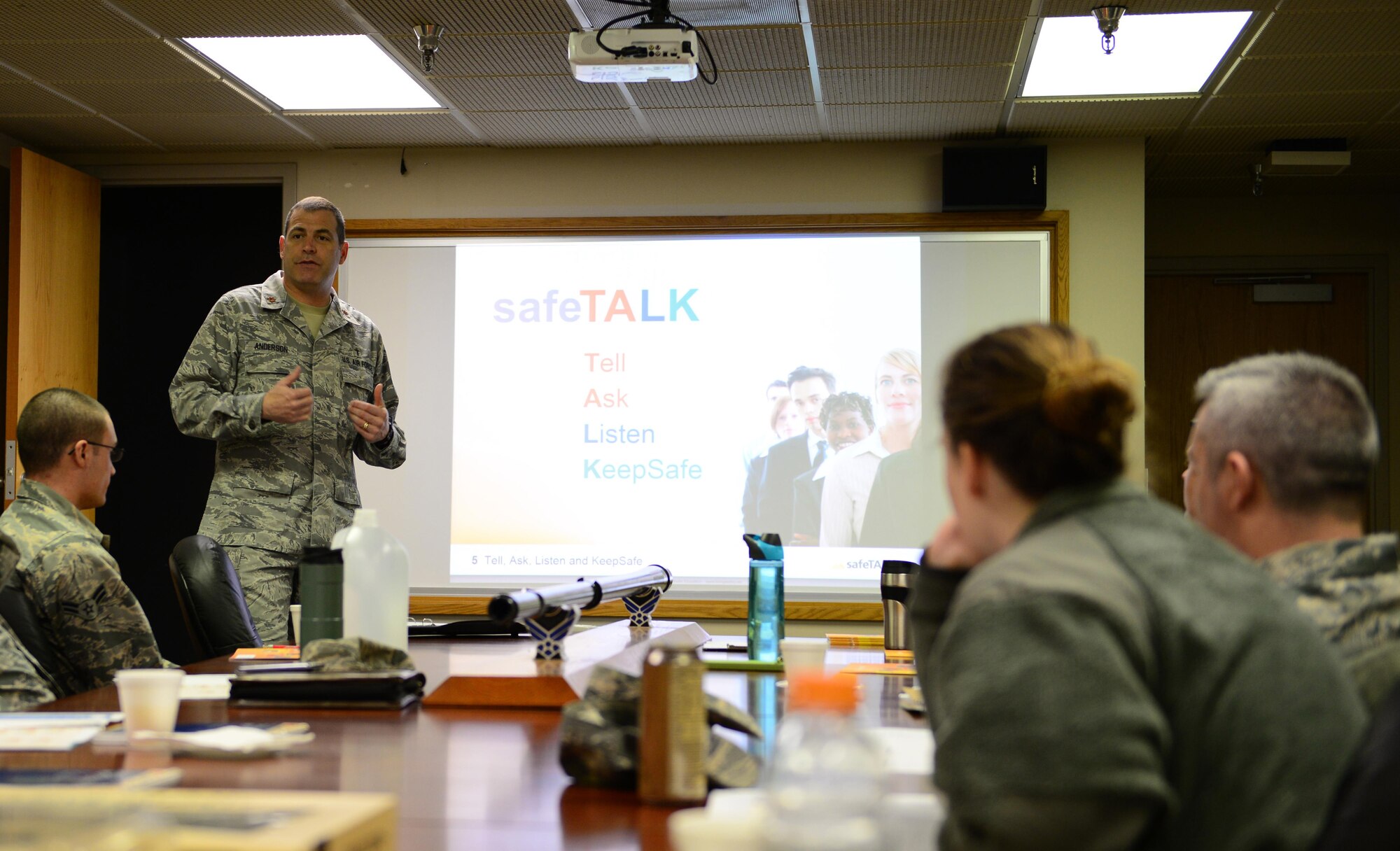 U.S. Air Force Chaplain (Maj.) Brian Anderson, the 354th Fighter Wing command chaplain, explains what the talk, in safeTALK stands for April 18, 2016, at Eielson Air Force Base, Alaska. Anderson went to the 354th Maintenance Group and trained 13 Airmen about suicide awareness. (U.S. Air Force photo by Airman 1st Class Cassandra Whitman/Released)