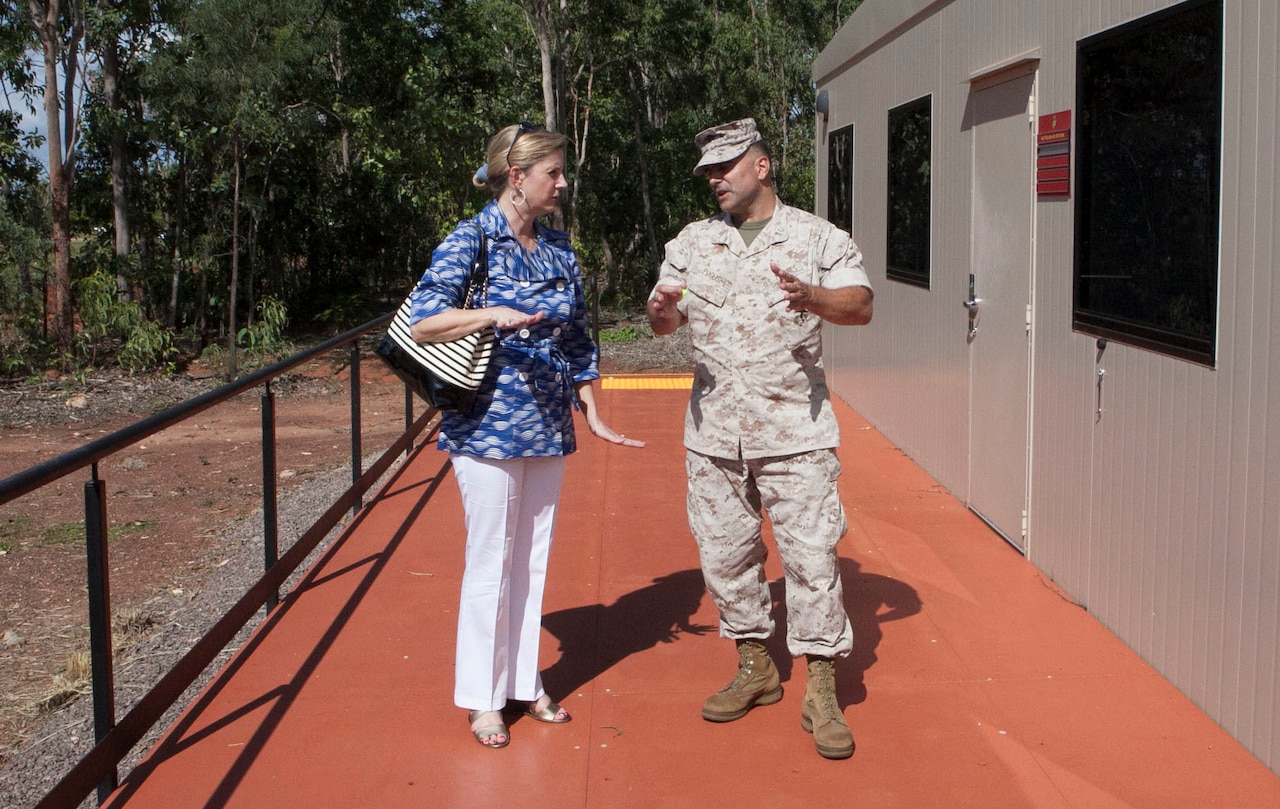 Undersecretary of Defense for Policy Christine E. Wormuth is escorted by Marine Corps Col. Matthew Puglisi, officer in charge of the Forward Coordination Element, Marine Rotational Force-Darwin, as she inspects facilities and accommodations built for the unit at Robertson Barracks, Northern Territory, Australia, April 1, 2015. Defense Secretary Ash Carter announced on April 22, 2016, that Wormuth will step down from her position in June to spend more time with her family. Marine Corps photo by 1st Lt. Courtney R. Caimona