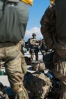 Soldiers from the 173rd Airborne Brigade await loading onto a C-130 at Aviano AB, Italy, as a part of Exercise Saber Junction April 12. (U.S. Air Force photo by Staff Sgt. Trevor Saylor)