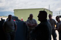 Chief Master Sgt. Frank Coddington talks to maintenance troops working in support of Exercise Saber Junction at Aviano AB, Italy, on 14 April. (U.S. Air Force photo by Staff Sgt. Trevor Saylor)