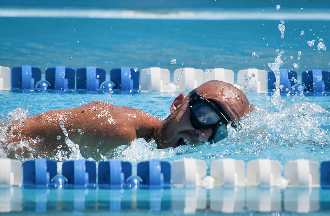 Arthur Zingler, a Warrior Games athlete, takes a breath during a morning swim session as part of an adaptive sports camp at Eglin Air Force Base, Fla., April 5, 2016. Air Force photo by Samuel King Jr.