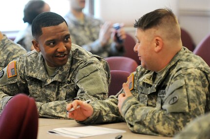 Sgt. Roje Rogers, left, Supply Sergeant, and Spc. George Hon, right, Human Resources Specialist, work together on a practical exercise during the unit's Master Resiliency Training, April 2, 2016. The exercise asked for the soldiers to apply the steps they had learned to a real life situation and how they would remain resilient.
(Photo by Spc. David Lietz)