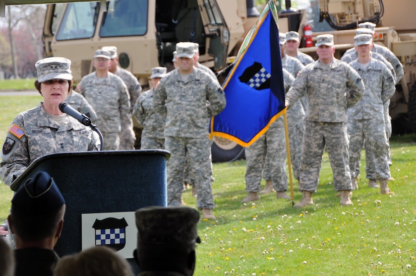 Maj. Gen. Margaret W. Boor, commanding general of the U.S. Army Reserve’s 99th Regional Support Command, addresses the Army Reserve Soldiers, civilian employees, mission partners and community leaders attending the Army Reserve 108th birthday celebration April 22 on Joint Base McGuire-Dix-Lakehurst, New Jersey. “As it has been for the past 108 years, today’s Army Reserve is a life-saving, life-sustaining force for the nation that is an essential element of the Joint Force and Total Army,” Boor said.