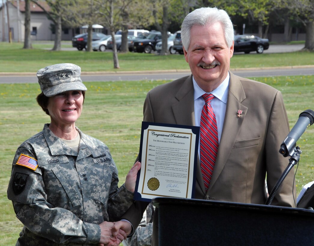 Maj. Gen. Margaret W. Boor, commanding general of the U.S. Army Reserve’s 99th Regional Support Command, left, receives a congressional proclamation from Bob Smyth, former Army Reserve Soldier and field representative for U.S. Congressman Tom MacArthur (NJ-3), during the Army Reserve 108th birthday celebration April 22 on Joint Base McGuire-Dix-Lakehurst, New Jersey. “The Army Reserve has protected us in times of peace and conflict, and has sent brave Soldiers to both World Wars, Korea, Vietnam, Iraq, and Afghanistan,” said Smyth as he read the proclamation.