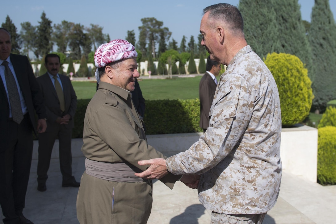 Marine Corps Gen. Joe Dunford, chairman of the Joint Chiefs of Staff, meets with Massoud Barzani, president of Iraq’s Kurdistan region, in Iraq, April 22, 2016. DoD photo by Navy Petty Officer 2nd Class Dominique A. Pineiro