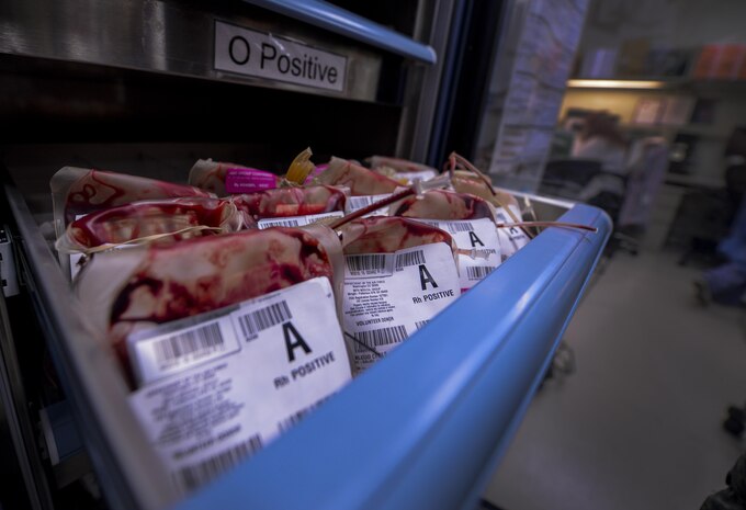 Bags of A positive blood sit in a tray at the blood bank in the Mike O'Callaghan Federal Medical Center at Nellis Air Force Base, Nev., April 15, 2016. The 99th Medical Support Squadron is one of few Air Force Bases that has its own blood bank on the campus. (U.S. Air Force photo by Airman 1st Class Kevin Tanenbaum) 