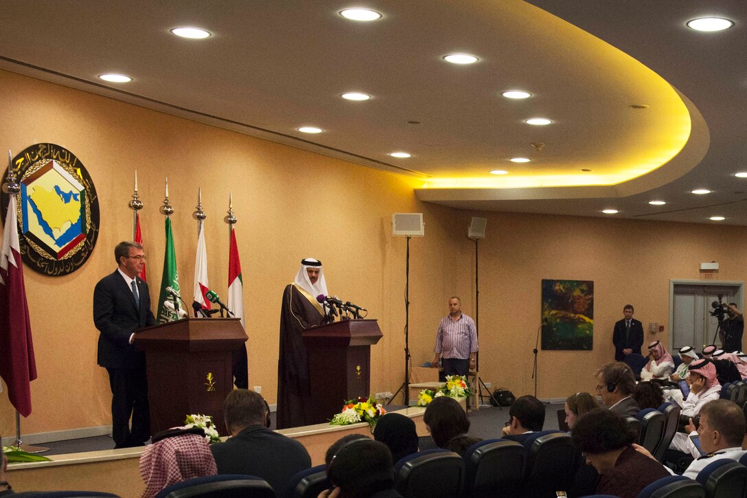 Defense Secretary Ash Carter participates in a joint news conference at the U.S.-Gulf Cooperation Council Summit in Riyadh, Saudi Arabia, April 20, 2016. DoD photo by Air Force Senior Master Sgt. Adrian Cadiz