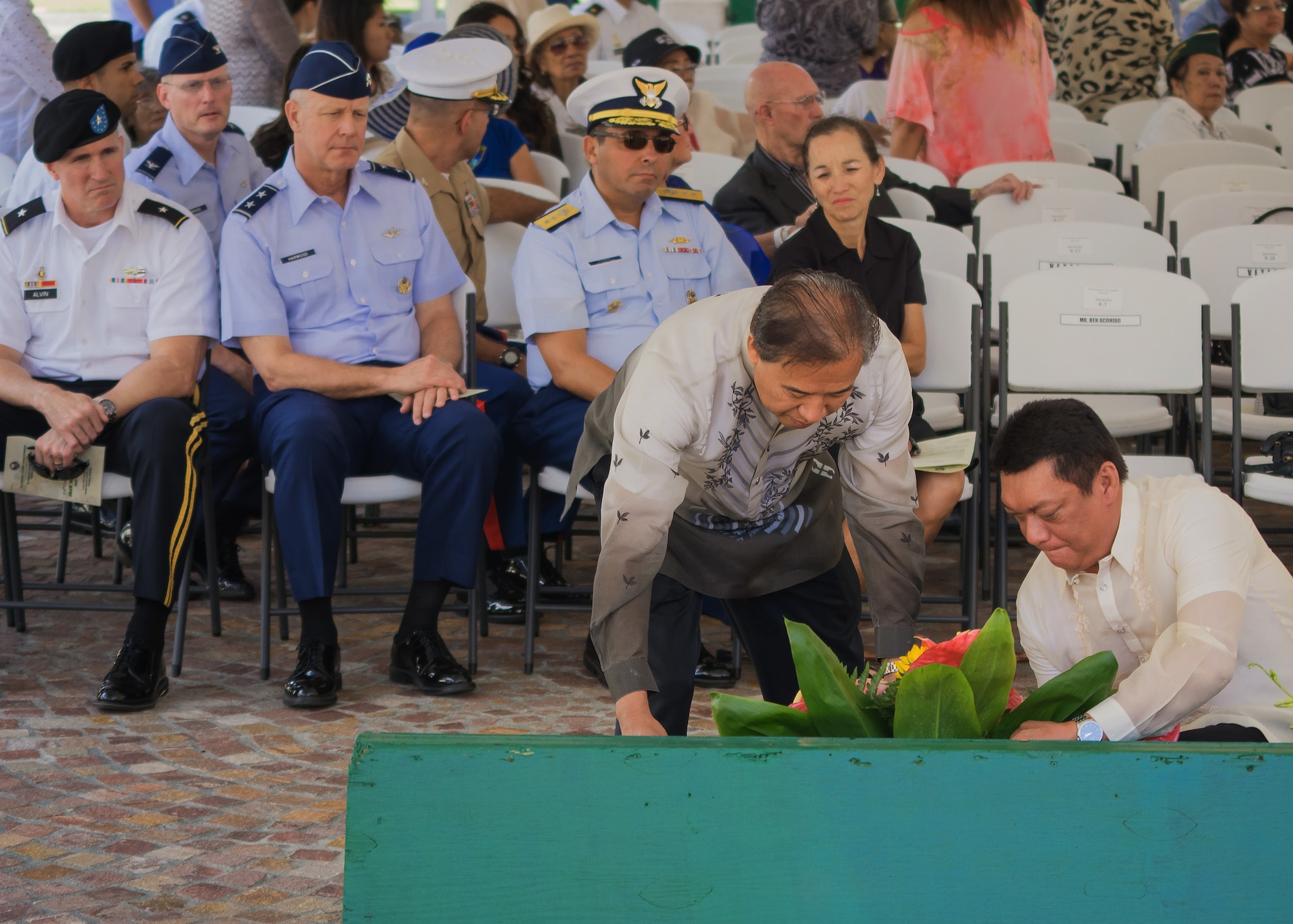 U.S. Air Force Maj. Gen. Thomas Harwood III (second from left), Mobilization Assistant to the commander of Pacific Air Forces, looks on as honored guests lay a wreath at the 74th Commemoration of “Araw ng Kagitingan” (Philippine Day of Valor), April 16, 2016, at the National Memorial Cemetery of the Pacific in Honolulu, Hawaii. The memorial ceremony honored Filipino-American veterans of World War II and is held on the anniversary of the fall of Bataan, and the Bataan Death March which claimed approximately 10,000 Filipino and American lives in April of 1942. (Photo courtesy of the Philippine Consulate General Honolulu)