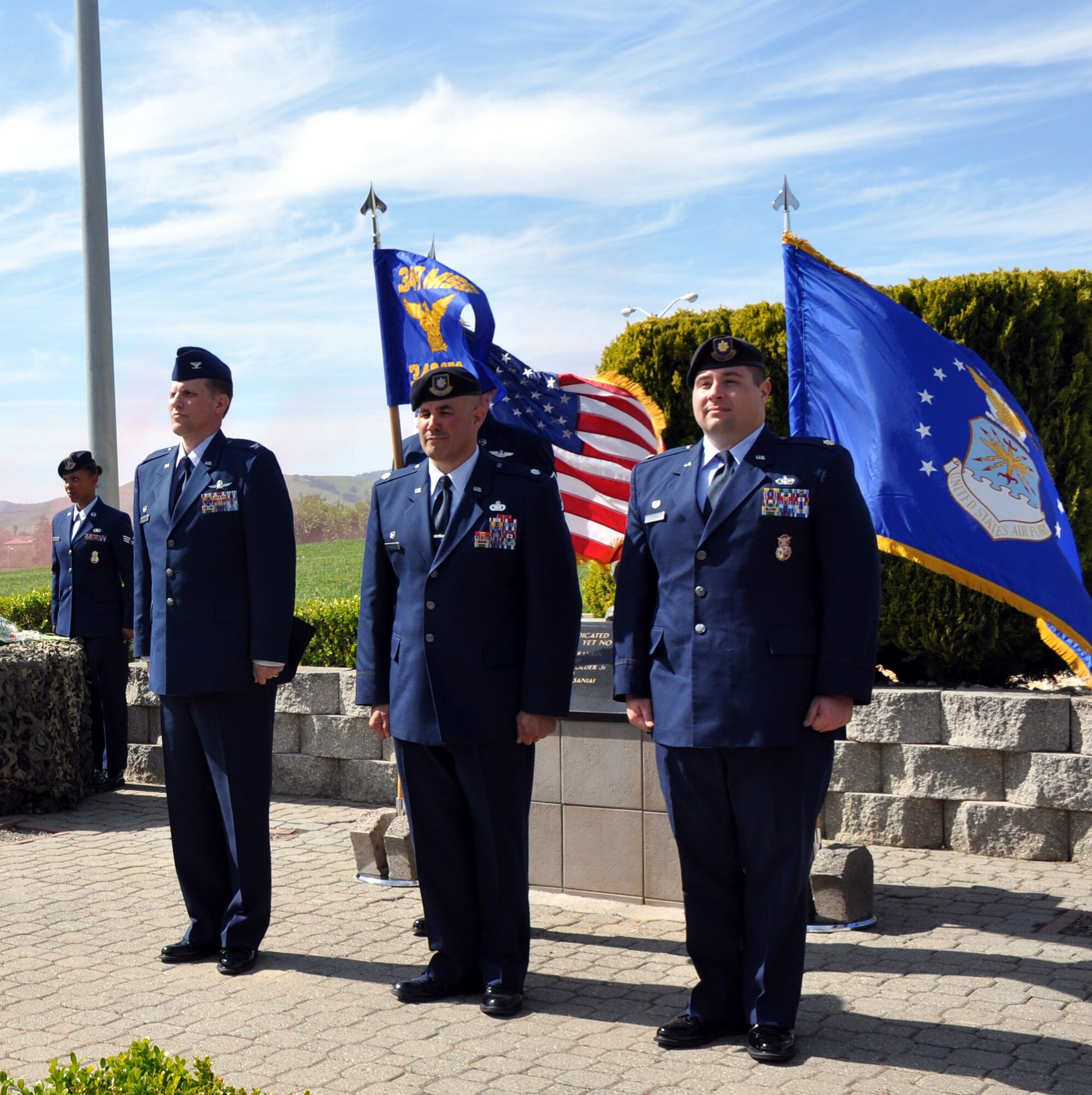 A 349th Security Forces Squadron Airman runs from an MRAP to deliver the orders at the 349th SFS change of command ceremony April 3, 2016 at Travis Air Force Base. Maj. Brian J. Loftus assumes command of the 349th SFS. Prior to this assignment, Loftus was the commander of the 419th Security Forces Squadron at Hill Air Force Base, Utah.  Lt. Col. Andrew J. Frankel, outgoing 349th SFS commander, will go on to serve on the 349th Mission Support Group staff. Col. David W. Enfield, 349th MSG commander, presided over the ceremony, and praised Frankel for the squadron’s accomplishments under his guidance (U.S. Air Force photos/Staff Sgt. Madelyn Brown).