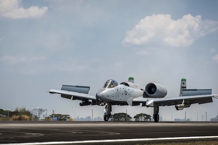 CLARK AIR BASE, Philippines (April 19, 2016) - A U.S. Air Force A-10C Thunderbolt II with the 51st Fighter Wing out of Osan Air Base, Republic of Korea, touches down at Clark AB after returning from its first operational mission through international airspace, providing air and maritime situational awareness. The A-10C's mission enhances U.S. military assets in the region upholding freedom of navigation and over flight. Five A-10Cs are joined with three HH-60G Pave Hawks, and approximately 200 personnel deployed from multiple Pacific Air Forces units to make up the first iteration of the U.S. Pacific Command Air Contingent at Clark AB. 