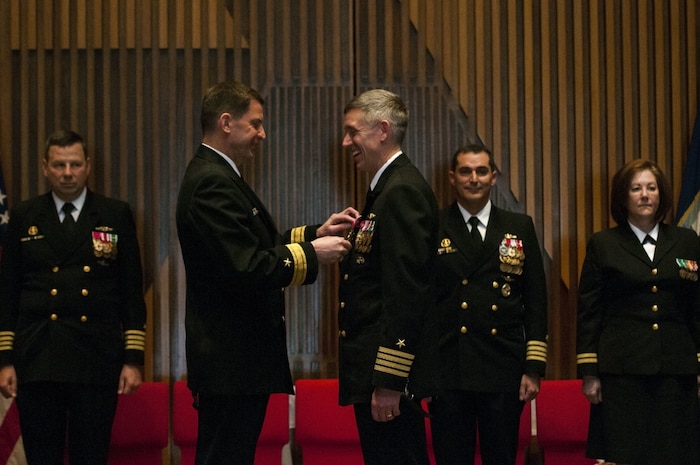 BANGOR, Wash. (April 20, 2016) " Capt. Michael Lewis, from Bend, Oregon, receives the Legion of Merit medal from Rear Adm. David Kriete, commander, Submarine Group Nine, during a change of command ceremony for the Gold Crew of the guided-missile submarine USS Ohio (SSGN 726). During the ceremony, held at the Bangor Chapel, Lewis turned over command to Capt. Gerald Miranda, from San Diego, California. (U.S. Navy photo by Mass Communication Specialist 2nd Class Amanda R. Gray/Released)