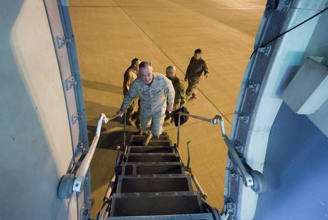 Marine Corps Gen. Joe Dunford, chairman of the Joint Chiefs of Staff, boards a C-17 after a visit to Iraqi’s Kurdistan region, April 22, 2016. Dunford visited Iraq to assess the campaign against the Islamic State of Iraq and the Levant. DoD photo by Navy Petty Officer 2nd Class Dominique A. Pineiro