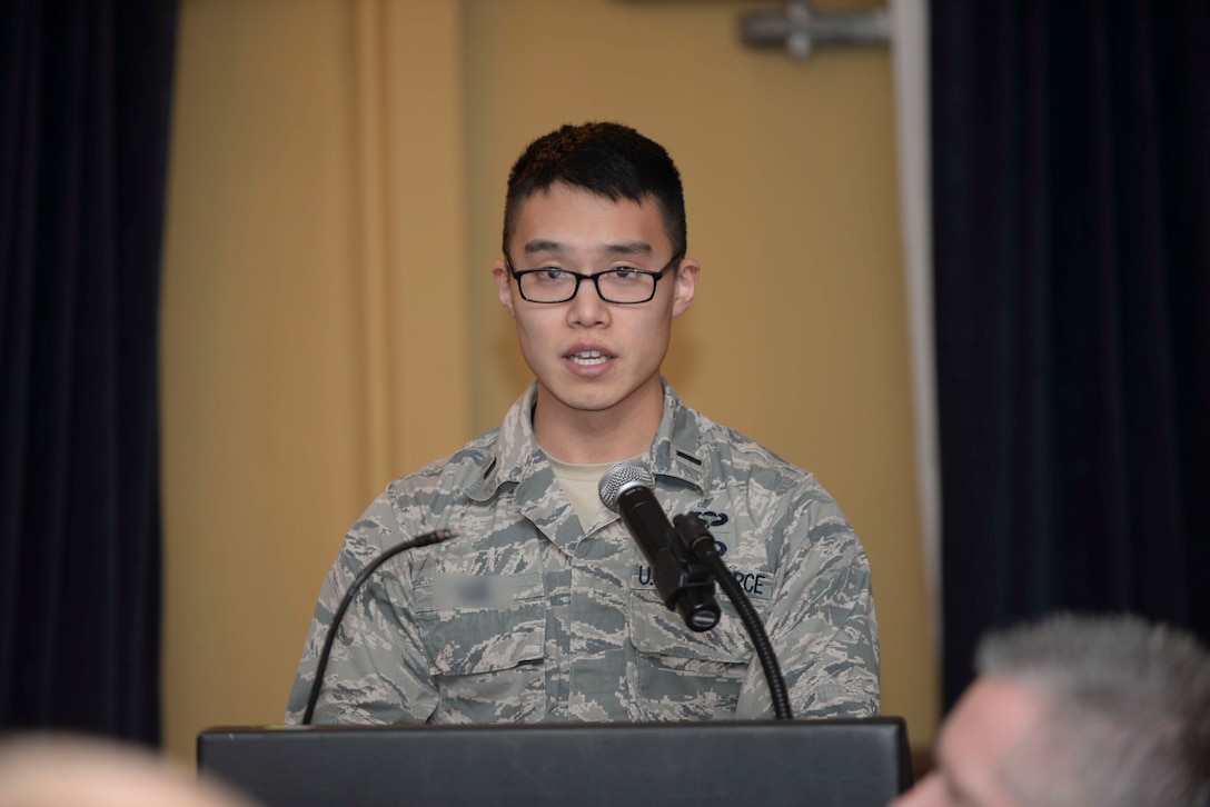An Airman of the 432nd Attack Squadron speaks about Crew Eight of the Doolittle Raid during a toast ceremony at Ellsworth Air Force Base, S.D., April 18, 2016. Several Airmen spoke about the 16 different crews that participated in the raid, providing an overview of what their mission was, what they accomplished and what trials they faced. (U.S. Air Force photo by Airman 1st Class Sadie Colbert/Released)