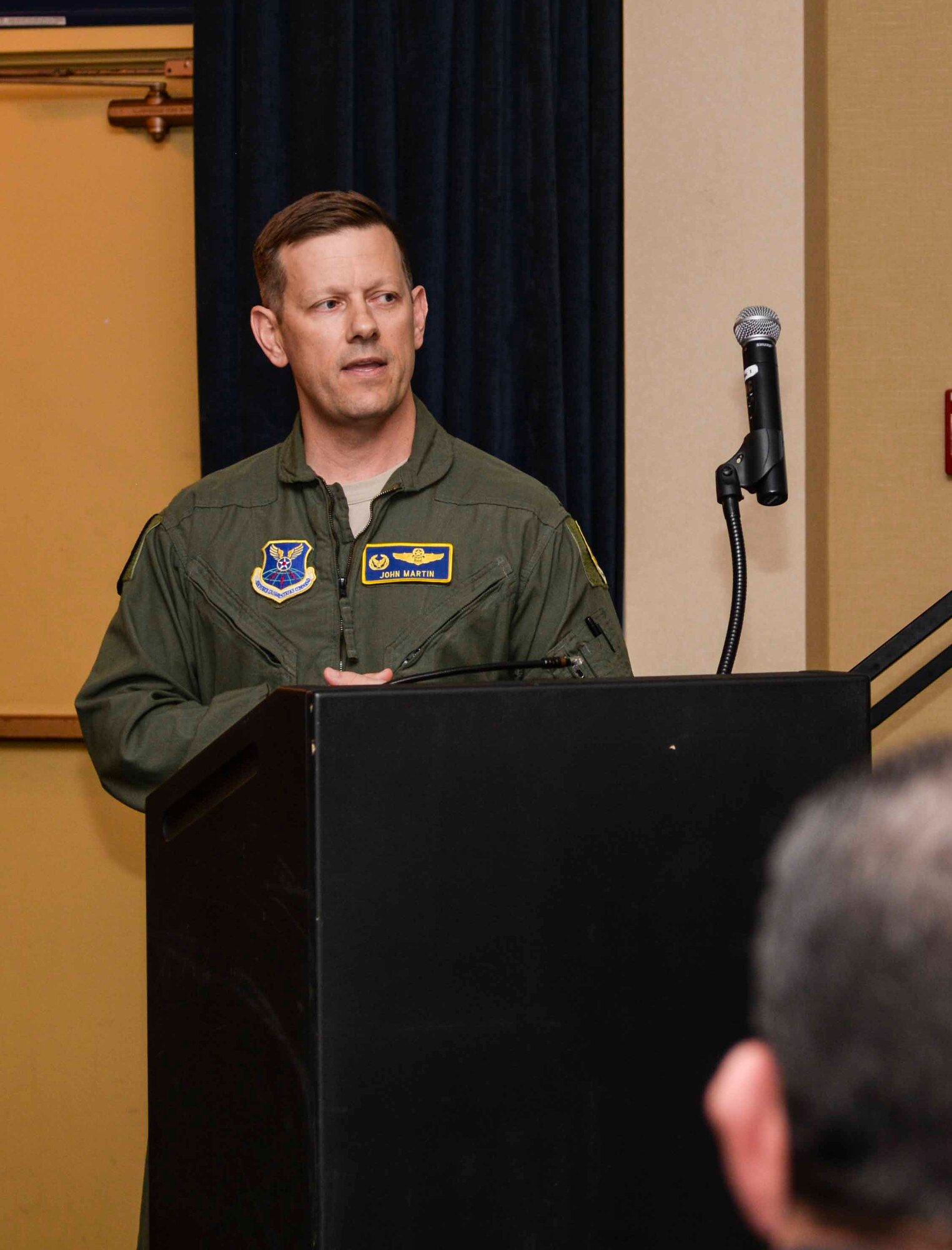 Col. John Martin, 28th Operations Group commander, speaks to Ellsworth Airmen about the importance of their heritage during the Doolittle Raider toast ceremony at Ellsworth Air Force Base, S.D., April 18, 2016. On April 18, 1942, 80 pilots led by Lt. Col. James Doolittle launched 16 B-25 aircraft to retaliate against Japan for the attack on Pearl Harbor, marking it the first major planning collaboration for a joint service mission. (U.S. Air Force photo by Airman 1st Class Sadie Colbert/Released)