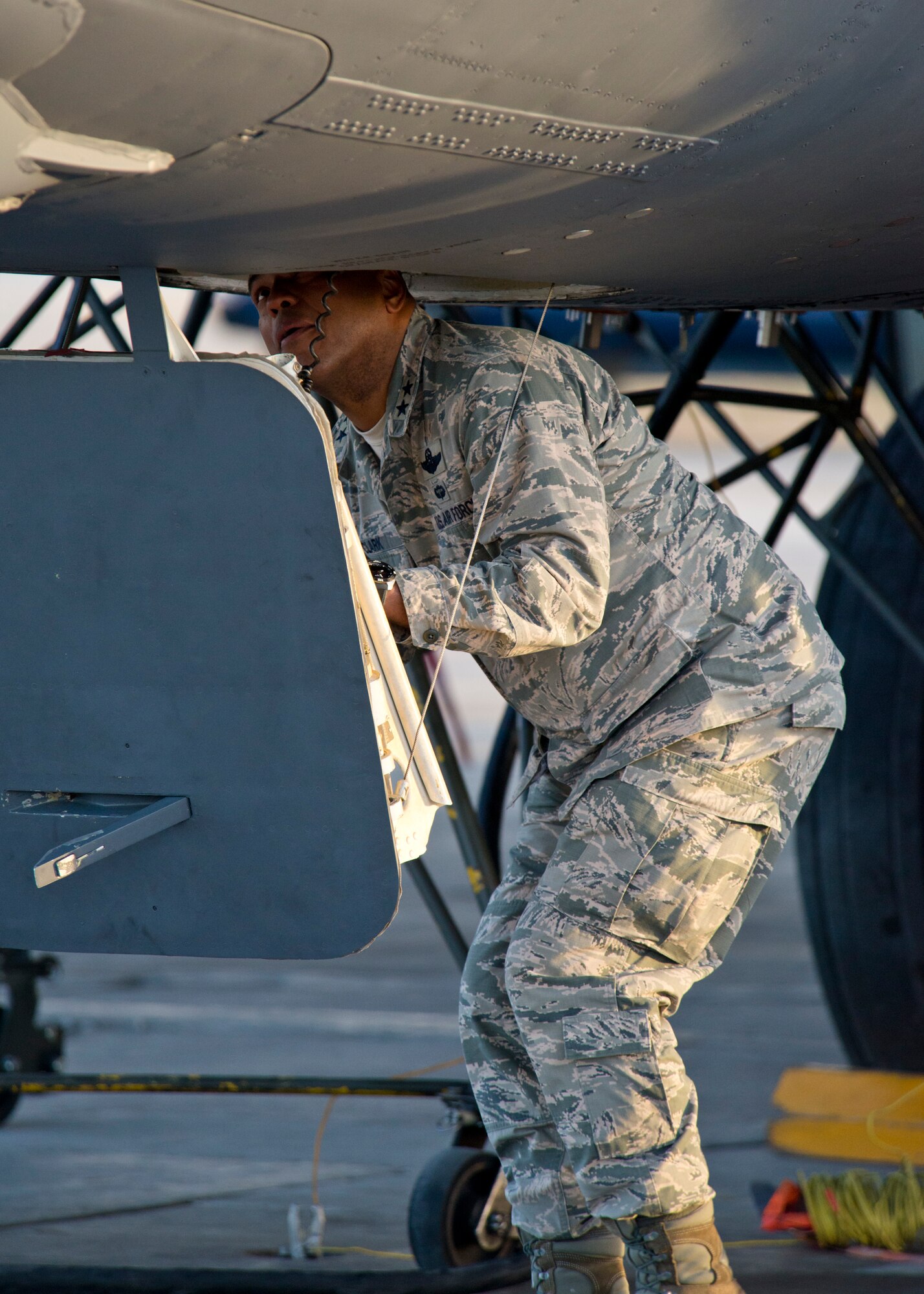 Maj. Gen. Richard Clark, 8th Air Force commander, climbs into a B-52H Stratofortress at Minot Air Force Base, N.D., April 12, 2016 during Exercise Constant Vigilance.  Constant Vigilance is an annual Air Force Global Strike Command exercise designed to train and test the command’s ability to perform its mission. (U.S. Air Force photo/Airman 1st Class J.T. Armstrong)