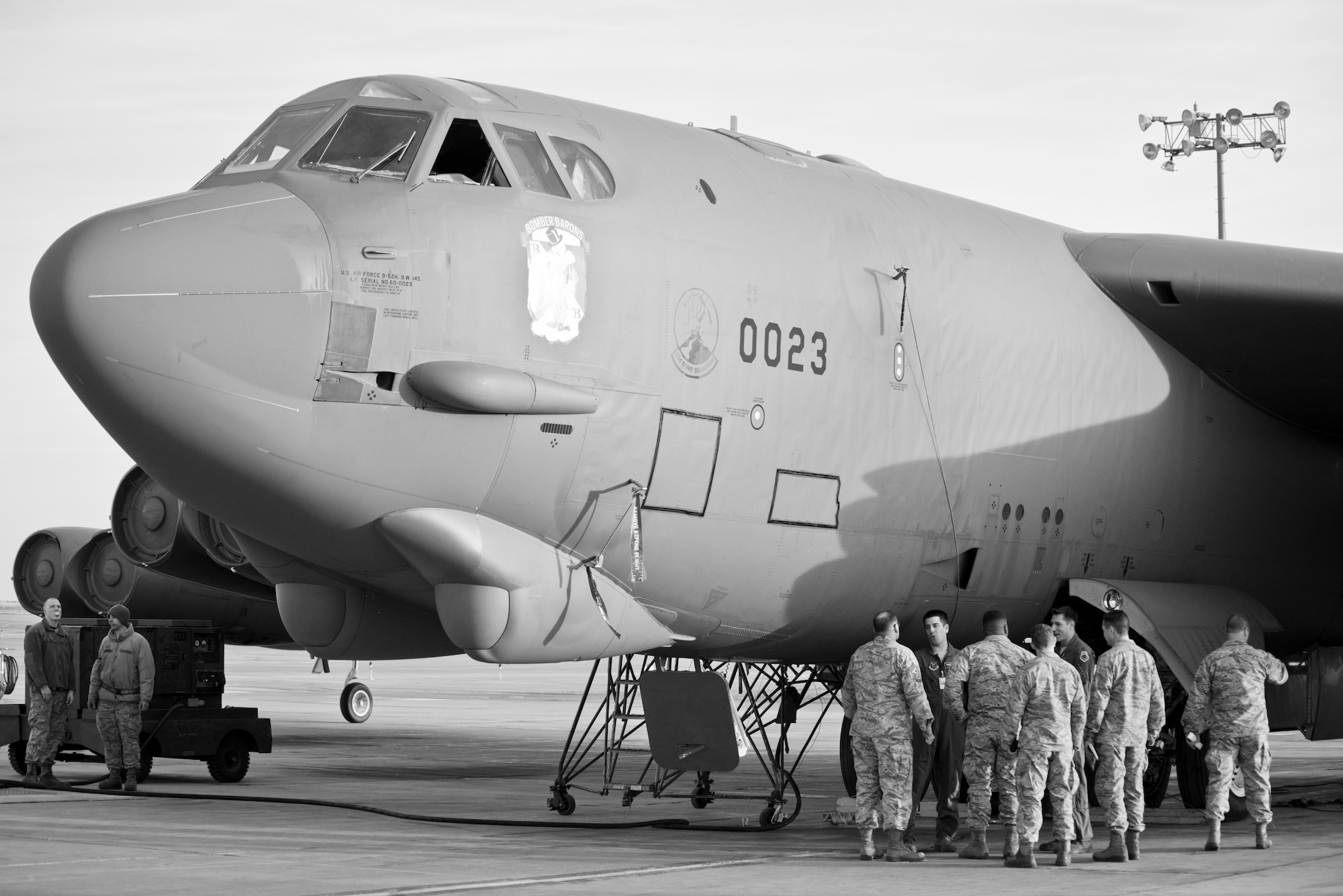 Maj. Gen. Richard Clark, 8th Air Force commander, looks at a B-52H Stratofortress at Minot Air Force Base, N.D., April 12, 2016 during Exercise Constant Vigilance.  Constant Vigilance is an annual Air Force Global Strike Command exercise designed to train and test the command’s ability to perform its mission. (U.S. Air Force photo/Airman 1st Class J.T. Armstrong)
