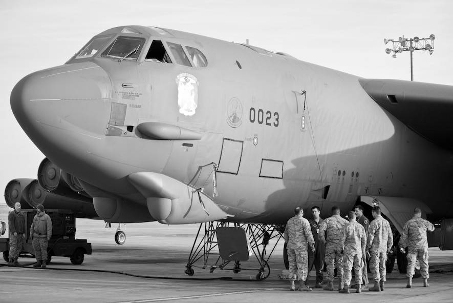 Maj. Gen. Richard Clark, 8th Air Force commander, looks at a B-52H Stratofortress at Minot Air Force Base, N.D., April 12, 2016 during Exercise Constant Vigilance.  Constant Vigilance is an annual Air Force Global Strike Command exercise designed to train and test the command’s ability to perform its mission. (U.S. Air Force photo/Airman 1st Class J.T. Armstrong)