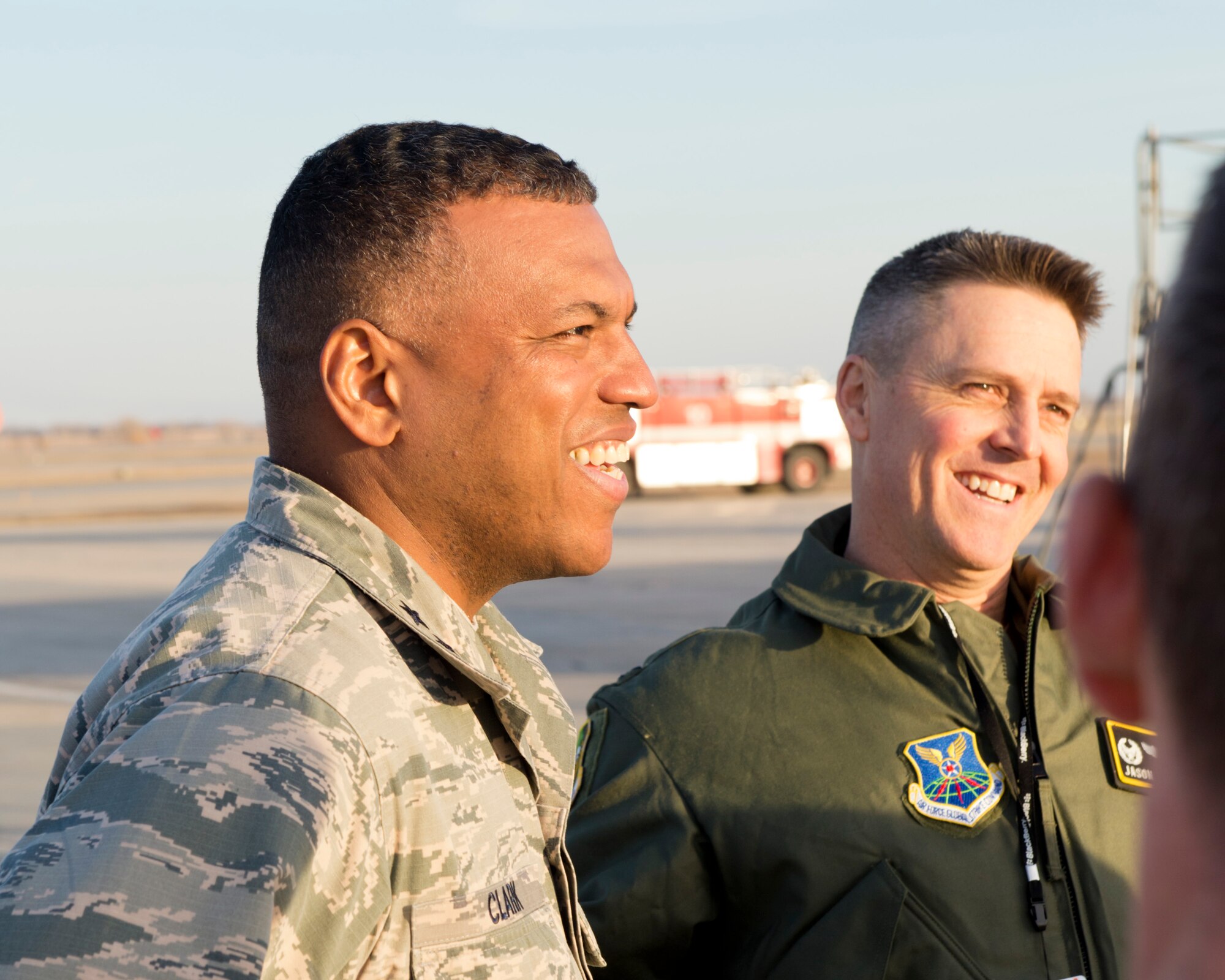 Maj. Gen. Richard Clark, 8th Air Force commander, and Col. Jason Armagost, 5th Bomb Wing commander, observe Airmen on the flightline at Minot Air Force Base, N.D., April 12, 2016.  Clark and Chief Master Sgt. Marty Anderson, 8th Air Force command chief, visited Team Minot Airmen during Exercise Constant Vigilance 2016. (U.S. Air Force photo/Airman 1st Class J.T. Armstrong)