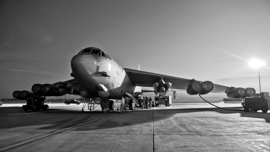 A B-52H Stratofortress with AGM-86B cruise missiles sits on the flightline at Minot Air Force Base, N.D., April 12, 2016 during Exercise Constant Vigilance. Constant Vigilance is an annual Air Force Global Strike Command exercise designed to train and test the command’s ability to perform its mission. (U.S. Air Force photo/Airman 1st Class J.T. Armstrong)