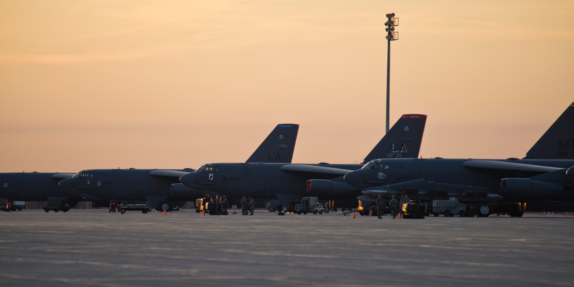 B-52H Stratofortresses from Barksdale Air Force Base, La. and Minot sit on the flightline at Minot AFB, N.D., April 12, 2016 during Exercise Constant Vigilance.  Constant Vigilance is an annual Air Force Global Strike Command exercise designed to train and test the command’s ability to perform its mission. (U.S. Air Force photo/Airman 1st Class J.T. Armstrong)