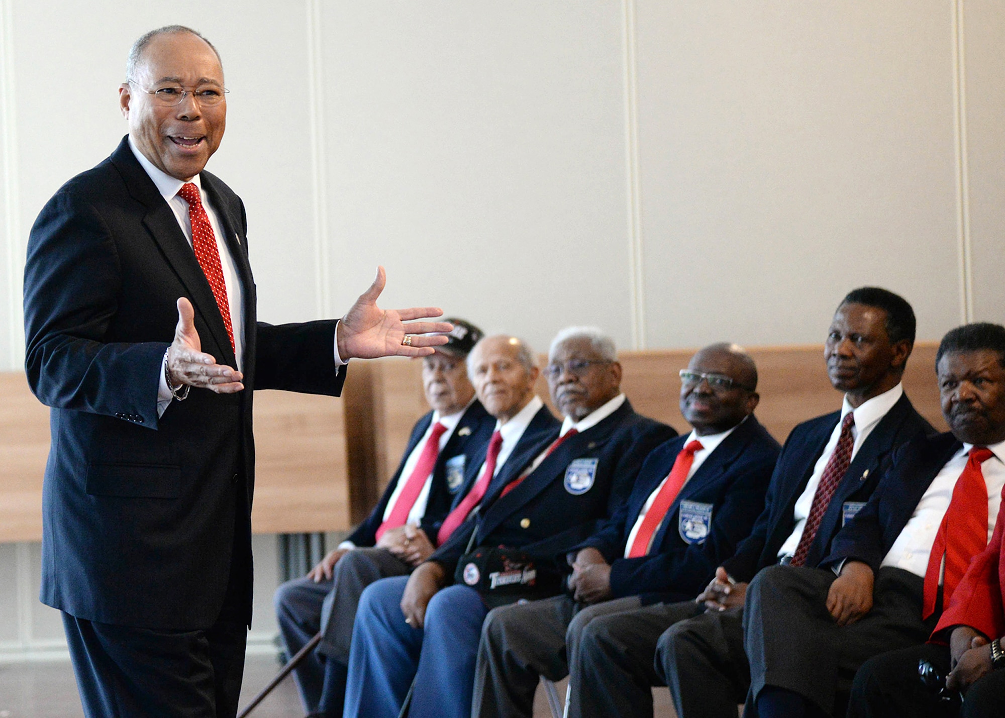 Retired U.S. Army Lt. Gen. Michael Rochelle speaks at a Tuskegee Airmen anniversary event  at the Massachusetts National Guard Building at Hanscom Air Force Base, Mass., April 21. This year marks the 75th anniversary of the activation of the U.S. Army Air Corps' 99th Pursuit Squadron, the Tuskegee Airmen. (U.S. Air Force photo by Linda LaBonte Britt)