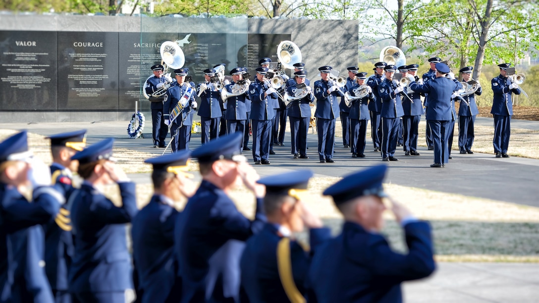 The Ceremonial Brass perform for an arrival ceremony at the Air Force Memorial, under the direction of Drum Major Senior Master Sgt. Daniel Valadie, and Maj. David A. Alpar. The ceremony welcomed dignitaries from Turkey on April 4, and was followed by a wreath-laying ceremony at the Tomb of the Unknown Soldier at Arlington National Cemetery (U.S. Air Force photo by Chief Master Sgt. Bob Kamholz).
