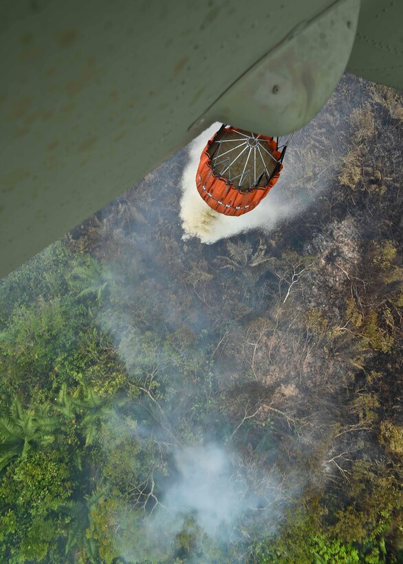 A CH-47 Chinook assigned to the 1st Battalion, 228th Aviation Regiment, Joint Task Force Bravo at Soto Cano Air Base, Honduras, dumps water from a Bambi Bucket during a firefighting mission in the Darién province of Panama, April 18, 2016. The Chinook’s Bambi Bucket can hold and dump up to 2,000 gallons of water and was flown directly over areas where fire was burning to douse the fire from overhead. (U.S. Air Force photo by Staff Sgt. Siuta B. Ika)