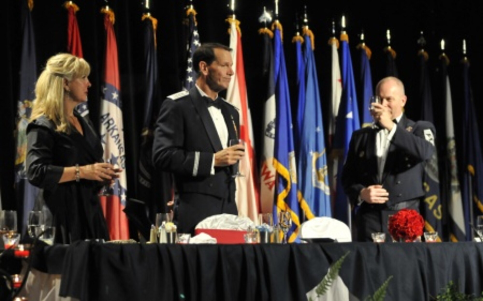 Chief Master Sgt. James W. Hotaling, the command chief master sergeant of the Air National Guard, toasts Lt. Gen. Stanley E. Clarke III, director of the Air National Guard, during his Order of the Sword induction ceremony at the Renaissance Hotel in Montgomery, Ala., April 17, 2016. Clarke is the 13th Air National Guard officer to be inducted into the Order of the Sword, which is the top honor the enlisted corps can bestow upon an officer. (U.S. Air National Guard photo by Tech. Sgt. William Buchanan/Released)