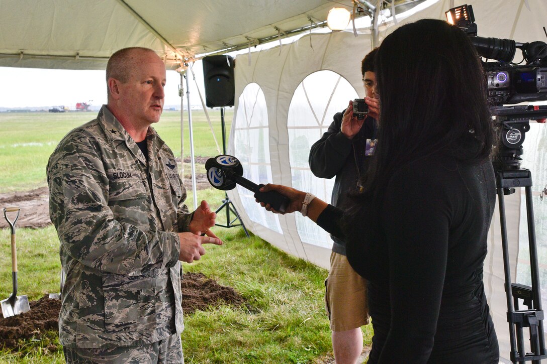 Brig. Gen. John D. Slocum is interviewed by local news media about a major new construction project at Selfridge Air National Guard Base, Mich., April 22, 2016. A new $32.6 million jet fuel storage and delivery system being constructed at the base is the largest single construction project in the 99-year history of the base. (U.S. Air National Guard photo by Terry Atwell. 