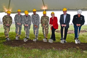 Ground is broken April 22, 2016, at Selfridge Air National Guard Base, Mich., on a new jet fuel storage and delivery system. Digging out the ceremonial first shovel of direct are: Lt. Col. Michael Sellers, commander of the Detroit District, U.S. Army Corps of Engineers; Col. Stephen Ward, U.S. Property & Finance Officer, Michigan National Guard; Brig. Gen. John. D. Slocum, commander, 127th Wing; Brig. Gen. Leonard W. Isabelle, Jr., commander, Michigan Air National Guard; Major Gen. Gregory J. Vadnais, adjutant general of Michigan; U.S. Rep. Candice Miller, R-Mich.; Mark Hackel, Macomb County Executive; Mike Long, superintendent of Garco Construction. (U.S. Air National Guard photo by Terry Atwell)
