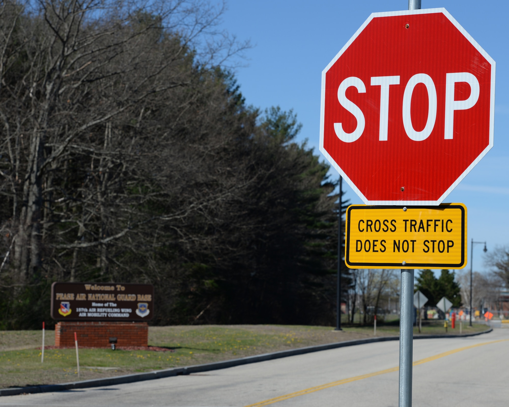 The four-way intersection at Arboretum Drive, New Hampshire Avenue, Newington Road, and Pease Boulevard is currently a two-way stop with stop signs only on the corners of Pease Boulevard and Newington Road but changes are forthcoming. (U.S. Air National Guard photo by Staff Sgt. Curtis J. Lenz)
