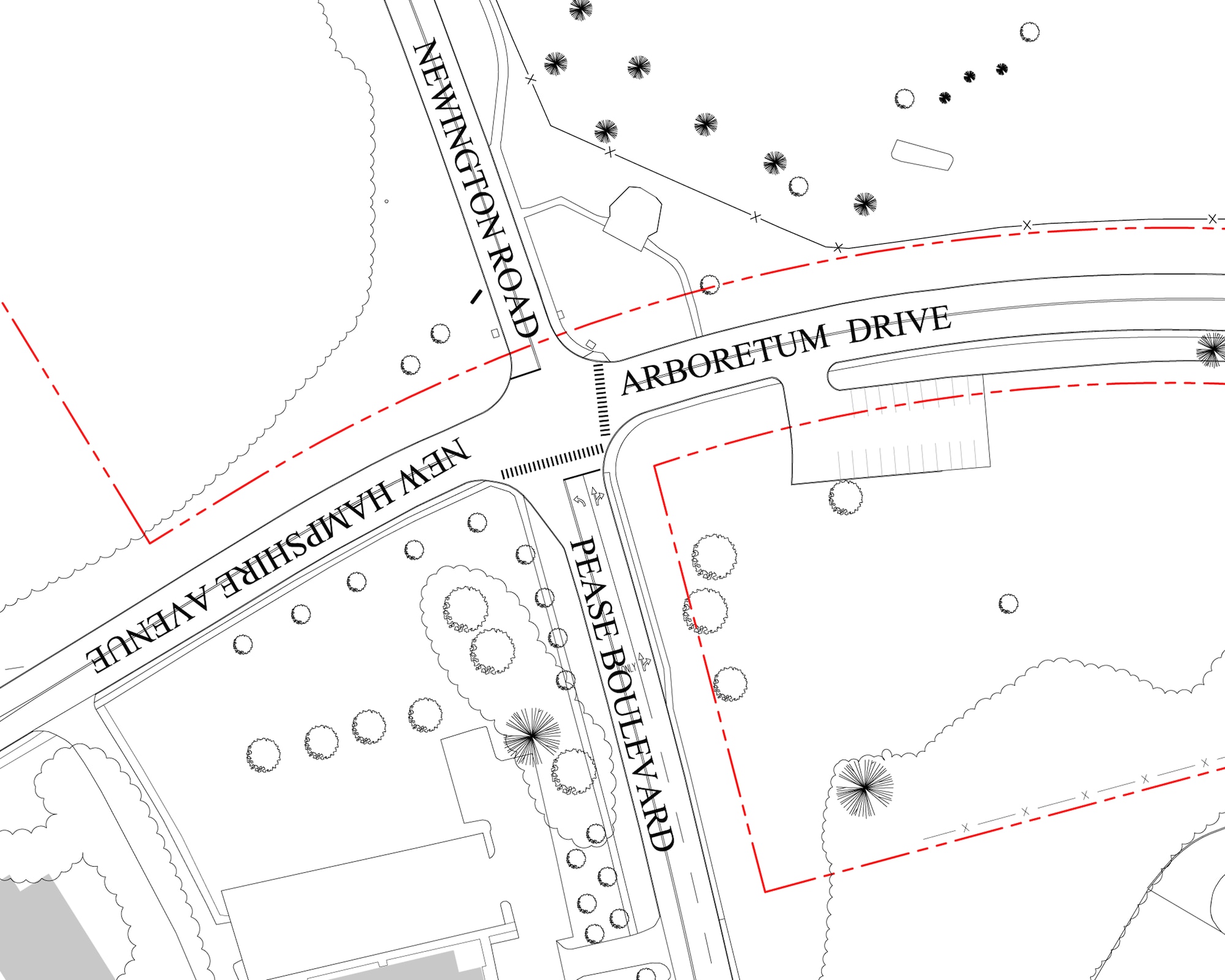 The curent four-way intersection at Arboretum Drive, New Hampshire Avenue, Newington Road, and Pease Boulevard is currently a two-way stop with stop signs only on the corners of Pease Boulevard and Newington Road. (U.S. National Guard graphic by James F. O'Loughlin)