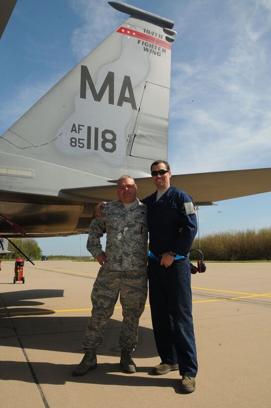 U.S. Air Force and Air National Guard Master Sgt. Donny Masciadrelli, 104th Fighter Wing avionics technician, and his son, Tech. Sgt. Danny Masciadrelli, 104th Fighter Wing F-15 crew chief, deploy together for the first time for an F-15C/D Eagle mission to the Netherlands in April 2016. They are deployed in support of Operation Atlantic Resolve along with more than 250 Airmen from the 104th as part of a theater security package, strengthening relationships and training alongside NATO allies throughout Europe. (U.S. Air National Guard photo by 1st Lt. Bonnie Harper/Released)
