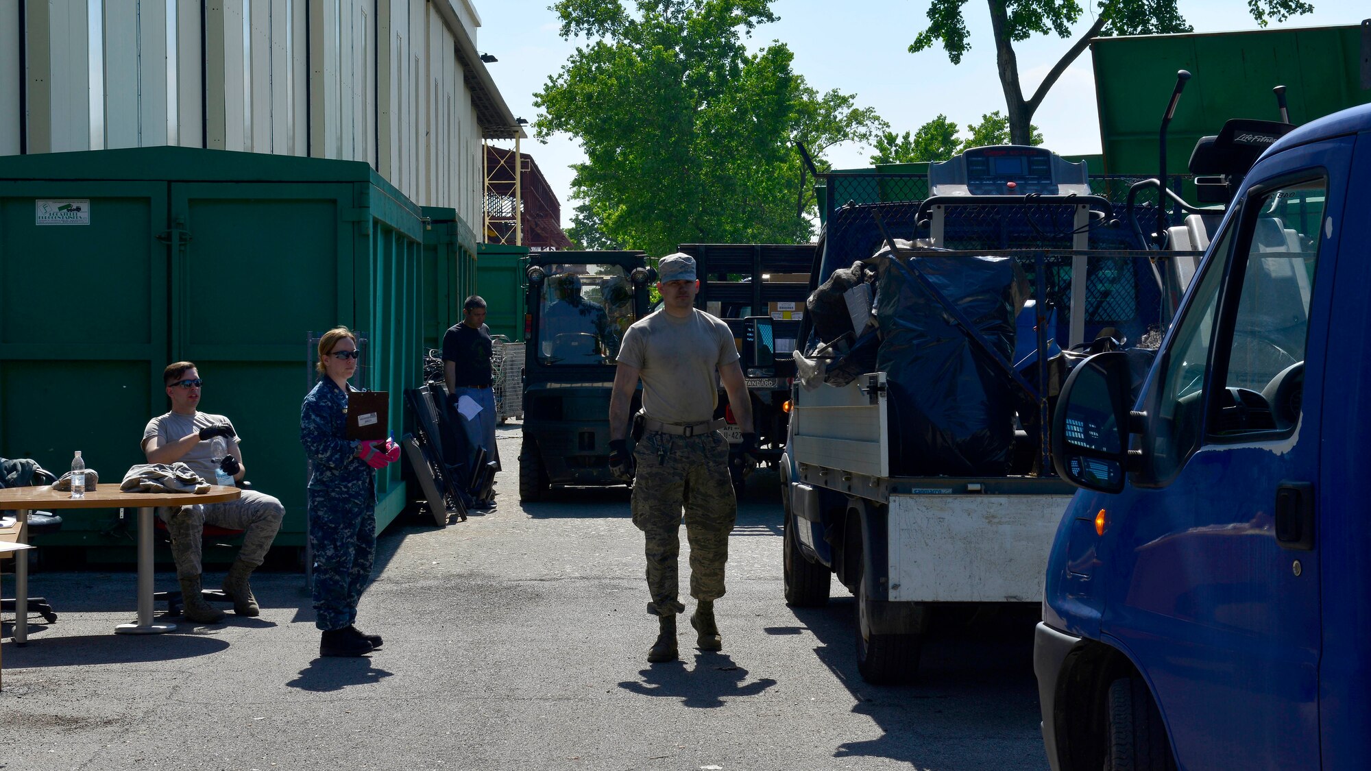 Team Aviano members pull up to the Defense Logistics Agency to dispose of government-owned equipment during the annual spring clean event, April 19, 2016, at Aviano Air Base, Italy. Squadrons received a schedule to stop by Bldg. 1459 to turn in equipment. (U.S. Air Force photo by Airman 1st Class Cary Smith/Released)