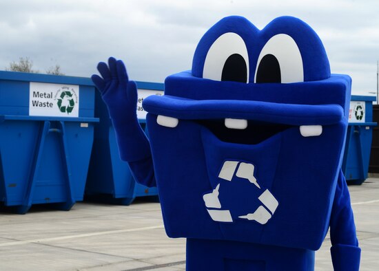 Chuck- IT, 48th Civil Engineer Squadron recycling center mascot was in attendance of the re-opening of the newly expanded recycling center at Royal Air Force Lakenheath, England, April 22, 2016. The recycling center support RAFS Lakenheath and Feltwell, accepting plastic, mixed paper, cardboard, scrap metal and other recyclable materials.  (U.S. Air Force photo by Senior Airman Dawn M. Weber/Released)