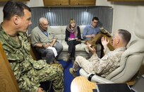 Reporters interview Marine Corps Gen. Joe Dunford, chairman of the Joint Chiefs of Staff, inside the "Silver Bullet" aboard a C-17 Globemaster III while enroute to Cairo from Irbil, Iraq, April 22, 2016. Dunford visited Iraq to assess the campaign against the Islamic State of Iraq and the Levant. DoD photo by Navy Petty Officer 2nd Class Dominique A. Pineiro