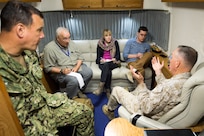 Navy Capt. Gregory Hicks, left, special assistant to the chairman for Public Affairs, listens in as Marine Corps Gen. Joe Dunford, chairman of the Joint Chiefs of Staff, conducts an interview with Jim Garamone of DoD News, second left, Missy Ryan of the Washington Post, center, and Bill Hennigan of the L.A. Times, aboard a C-17 aircraft, April 22, 2016. Dunford visited Iraq to assess the campaign against the Islamic State of Iraq and the Levant. DoD photo by Navy Petty Officer 2nd Class Dominique A. Pineiro