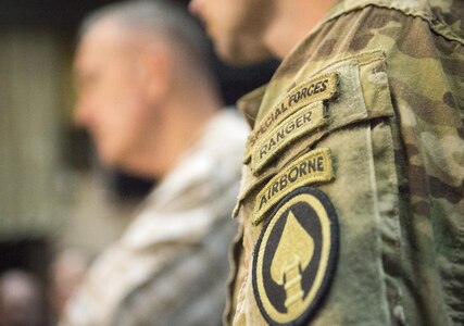 A soldier listens during a briefing with Marine Corps Gen. Joe Dunford, chairman of the Joint Chiefs of Staff, near Irbil, Iraq, April 22, 2016. DoD photo by Navy Petty Officer 2nd Class Dominique A. Pineiro