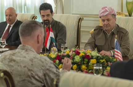 Marine Corps Gen. Joe Dunford, chairman of the Joint Chiefs of Staff, meets with Massoud Barzani, president of Iraq’s Kurdistan region, in Iraq, April 22, 2016. DoD photo by Navy Petty Officer 2nd Class Dominique A. Pineiro