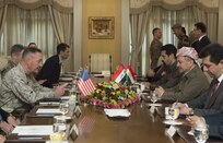 Marine Corps Gen. Joe Dunford, chairman of the Joint Chiefs of Staff, meets with Massoud Barzani, president of Iraq’s Kurdistan region, in Iraq, April 22, 2016. DoD photo by Navy Petty Officer 2nd Class Dominique A. Pineiro