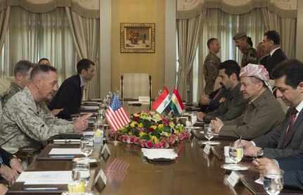 Marine Corps Gen. Joe Dunford, chairman of the Joint Chiefs of Staff, meets with Massoud Barzani, president of Iraq’s Kurdistan region, in Iraq, April 22, 2016. DoD photo by Navy Petty Officer 2nd Class Dominique A. Pineiro
