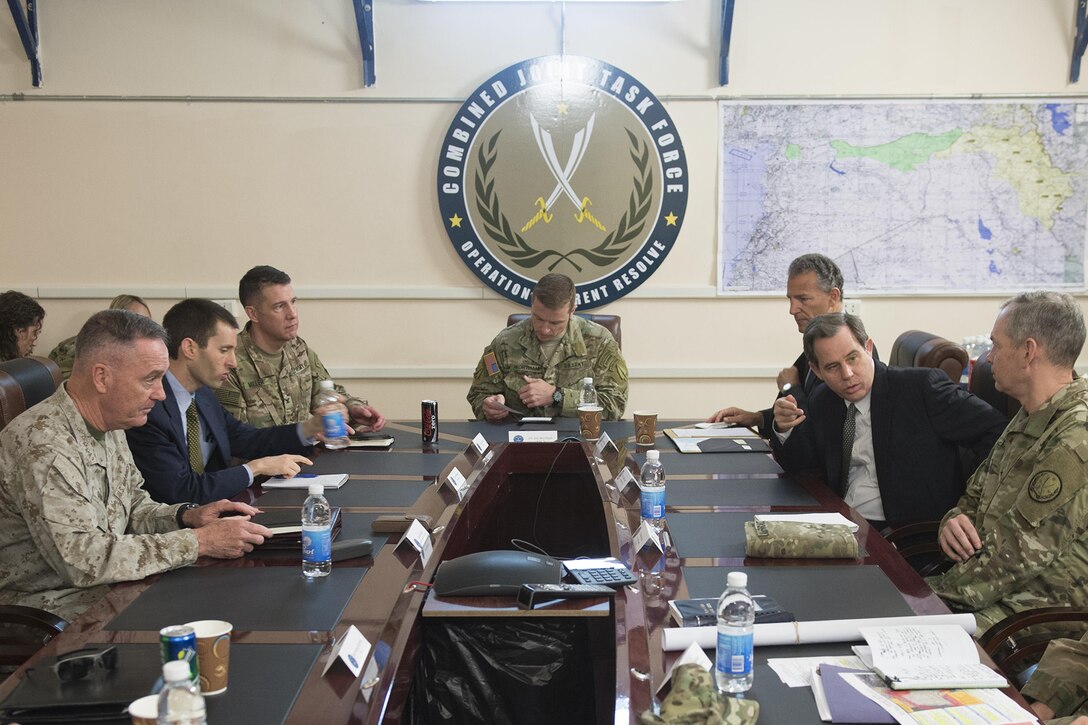 Marine Corps Gen. Joe Dunford, chairman of the Joint Chiefs of Staff, left, meets with U.S. Ambassador to Iraq, Stuart Jones, second from right, and Army Lt. Gen. Sean McFarland, commander, Combined Joint Task Force - Operation Inherent Resolve, in Baghdad, April 21, 2016. DoD photo by Navy Petty Officer 2nd Class Dominique A. Pineiro 