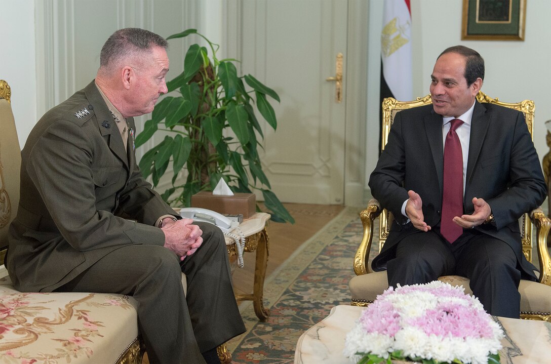 Marine Corps Gen. Joe Dunford, chairman of the Joint Chiefs of Staff, meets with the Egyptian President Abdel Fattah el-Sisi at the presidential palace in Cairo, April 23, 2016. Dunford is traveling overseas to meet with military leaders and foreign dignitaries to discuss issues confronting the United States and its allies, including efforts to accelerate the lasting defeat of the Islamic State of Iraq and the Levant. DoD photo by Navy Petty Officer 2nd Class Dominique A. Pineiro