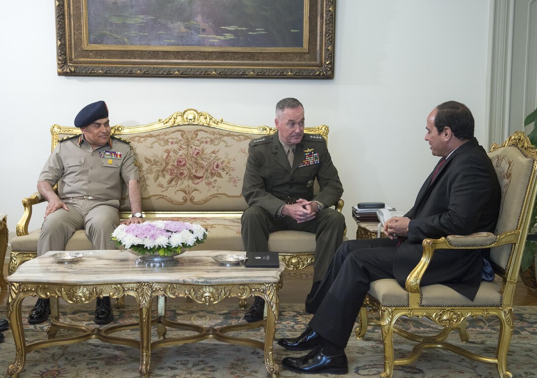 Marine Corps Gen. Joe Dunford, chairman of the Joint Chiefs of Staff, meets with Egyptian President Abdel Fattah el-Sisi, right,  and Egyptian Defense Minister Col. Gen. Sedki Sobhy at the presidential palace in Cairo, April 23, 2016. DoD photo by Navy Petty Officer 2nd Class Dominique A. Pineiro