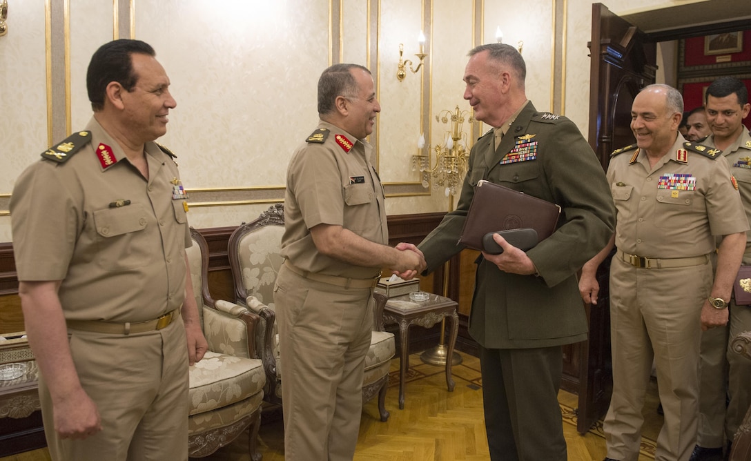 Marine Corps Gen. Joe Dunford, chairman of the Joint Chiefs of Staff, greets Egyptian Chief of the Armed Forces Lt. Gen. Mahmoud Hegaz at the Ministry of Defense in Cairo, April 23, 2016. DoD photo by Navy Petty Officer 2nd Class Dominique A. Pineiro