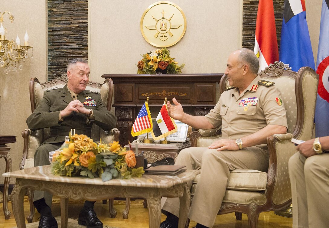 Marine Corps Gen. Joe Dunford, chairman of the Joint Chiefs of Staff, meets with Egyptian Chief of the Armed Forces Lt. Gen. Mahmoud Hegazy at the Ministry of Defense in Cairo, April 23, 2016. DoD photo by Navy Petty Officer 2nd Class Dominique A. Pineiro